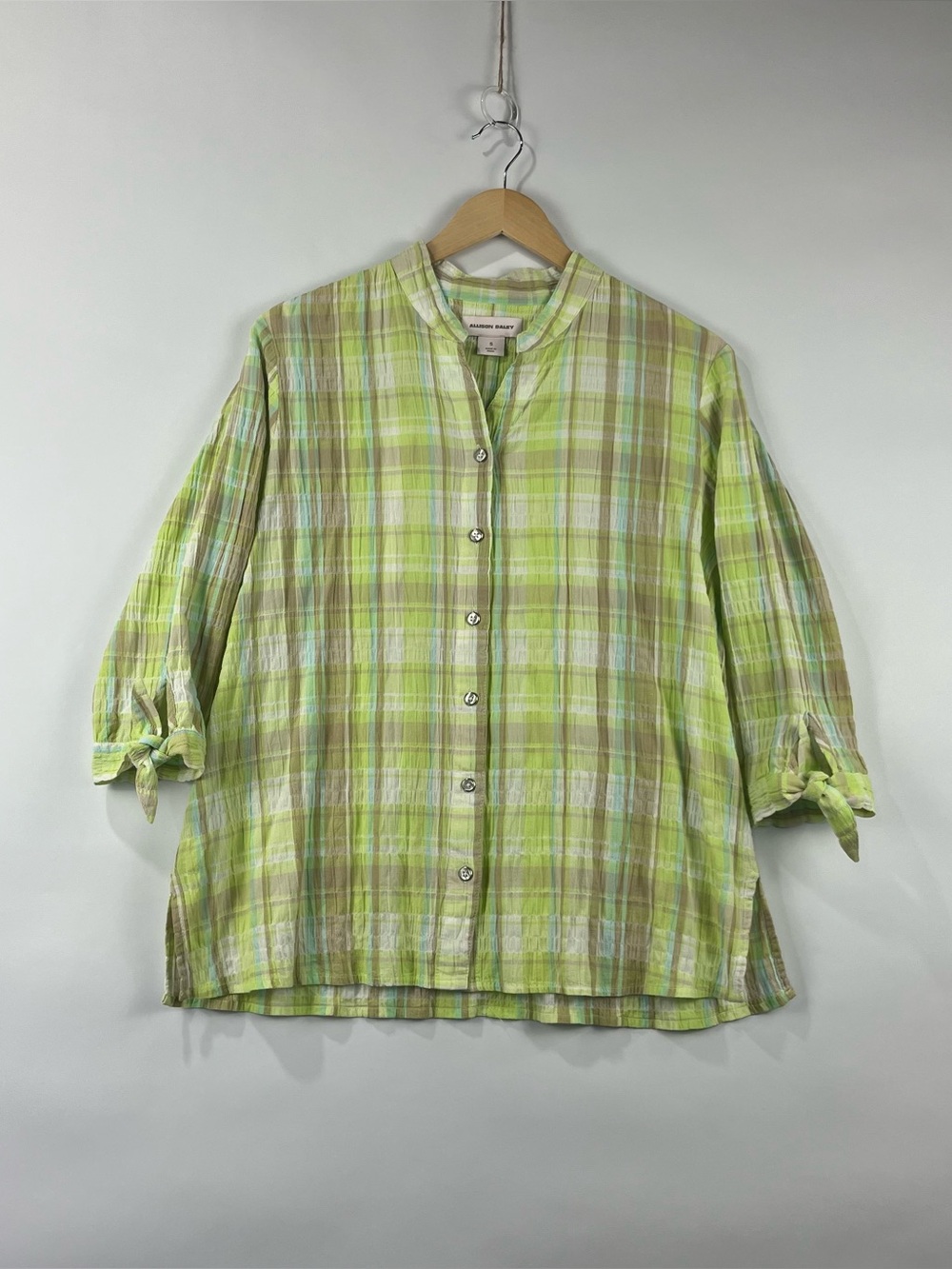 Allison Daley 100% Cotton Plaid Button Down Tie Sleeve Blouse S